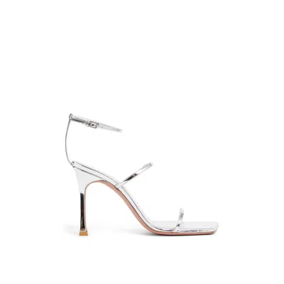Amina Muaddi Silver Calfskin Stiletto Heel Women's Sandals