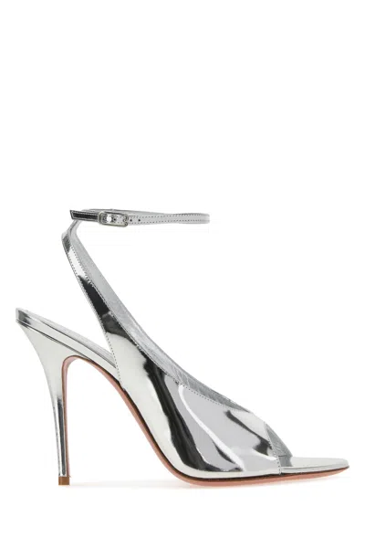 Amina Muaddi Leather Anok Sandals Open Toe Sling Back In Silver