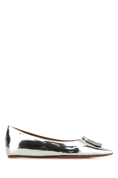Amina Muaddi Silver Leather Camelia Ballerinas In Metallic