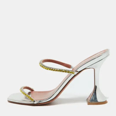Pre-owned Amina Muaddi Silver Leather Crystal Embellished Glida Sandals Size 37