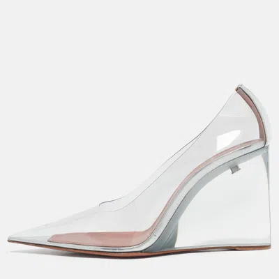 Pre-owned Amina Muaddi Silver Patent Leather And Pvc Ane Wedge Pumps Size 39