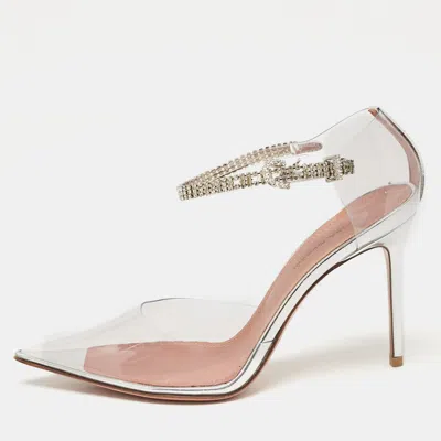 Pre-owned Amina Muaddi Silver Pvc And Patent Leather Ursina Pumps Size 36
