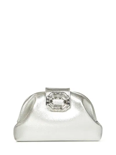 Amina Muaddi Silver Satin Clutch With Rectangular Mirrored Detail