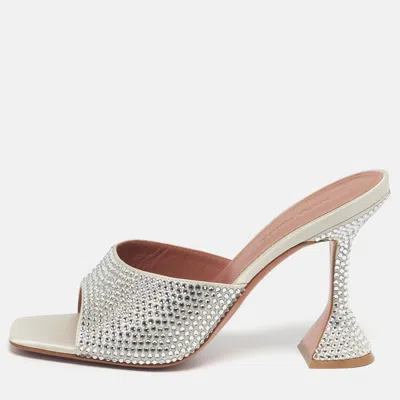 Pre-owned Amina Muaddi Silver Satin Crystals Embellish Lupita Slide Sandals Size 37.5