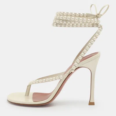 Pre-owned Amina Muaddi Size 38.5 White Leather Pearl Embellished Ankle Strap Sandals