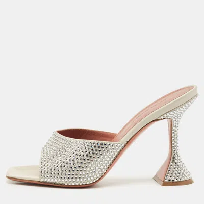 Pre-owned Amina Muaddi Sliver Satin Lupita Slide Sandals Size 37.5 In Gray