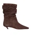 Amina Muaddi Pointed Toe Kitten Heel Slouchy Suede Boots In Brown