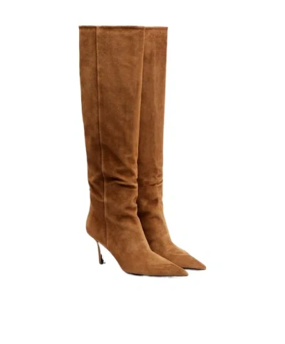 Amina Muaddi Suede Knee-high Boots In Brown