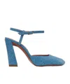 Shop Amina Muaddi Suede Printed Denim Heel Sandals In Blue
