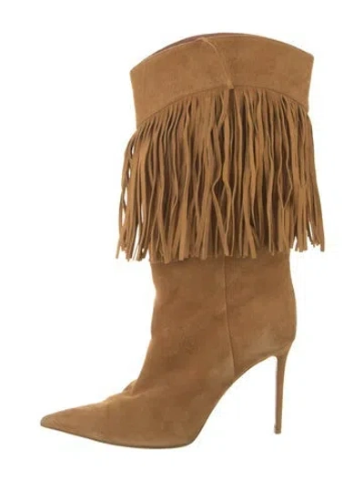 Pre-owned Amina Muaddi Suede Tassel Accents Boots In Brown