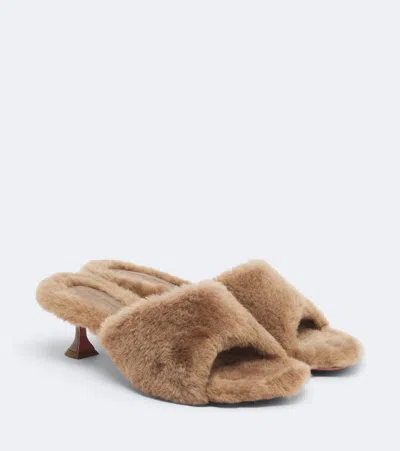Amina Muaddi Taylor Shearling Mules In Neutral