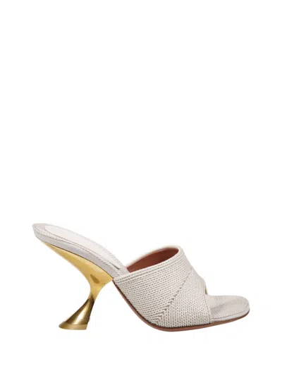 Amina Muaddi Textured Sandals With Gold Accented 9cm Heel In White
