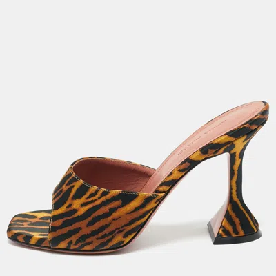 Pre-owned Amina Muaddi Two Tone Leopard Print Satin Lupita Slide Sandals Size 37.5 In Black