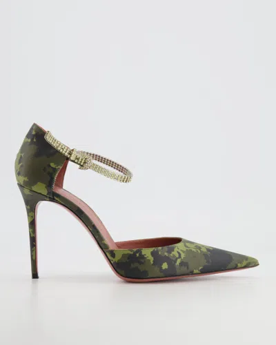 Amina Muaddi Ursina Khaki Camouflage Pumps With Crystal Ankle-strap Detail In Green