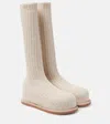 Amina Muaddi Ribbed Texture Flat Sole Sock-like Boots In Beige