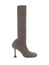 Amina Muaddi Veneda Stretch Knit Boots In Fuzzy Ribbed Knit Taupe