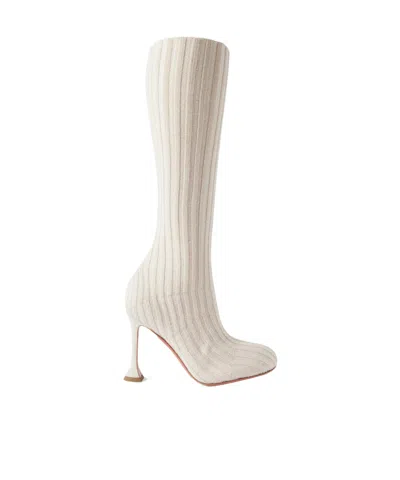 Amina Muaddi Veneda Ribbed Stretch-knit Knee Boots In Neutrals