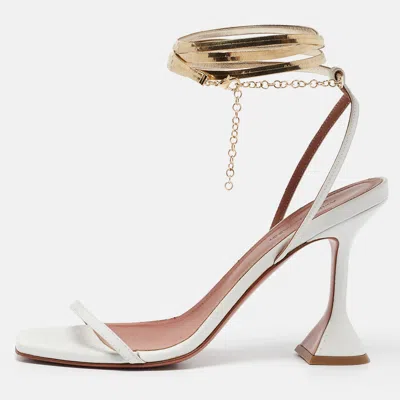 Amina Muaddi White Leather And Chain Ankle Strap Sandals