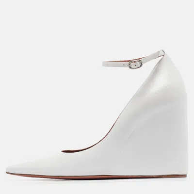 Pre-owned Amina Muaddi White Leather Wedge Pumps Size 37