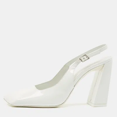Pre-owned Amina Muaddi White Patent Leather Square Toe Slingback Pumps Size 38