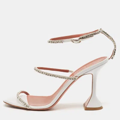 Pre-owned Amina Muaddi White Satin Crystal Embellished Glida Sandals Size 40.5