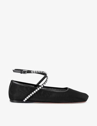 AMINA MUADDI WOMENS BLK/WHITE ANE CRYSTAL-EMBELLISHED MESH BALLET FLATS EUR 37 / 4 UK