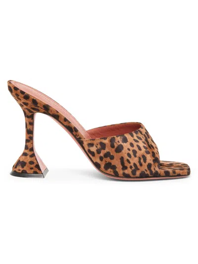 Amina Muaddi Leopard Suede Flat Square Open Toe 95 Mm Heel Sandals In Brown