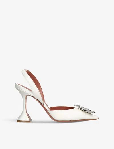 Amina Muaddi Begum Sling 70 Crystal Embellished White Leather Pumps