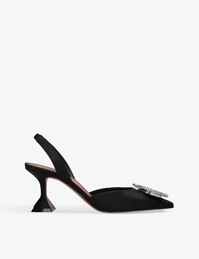 Amina Muaddi Womens Black Begum Crystal-embellished Slingback Satin Courts