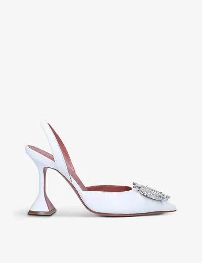 Amina Muaddi Womens White Begum Crystal-embellished Slingback Satin Heels Eur 39.5 / 6.5 Uk