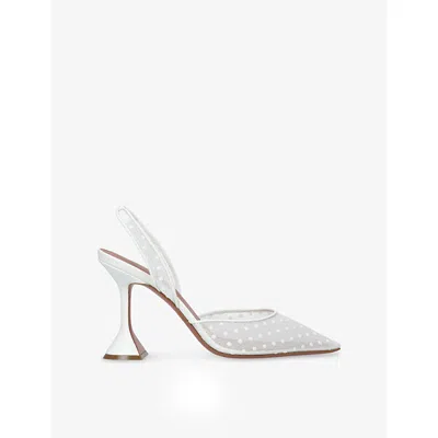 Amina Muaddi Holli Leather-trimmed Flocked Polka-dot Mesh Slingback Pumps In White