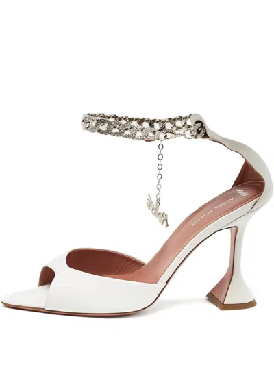 Pre-owned Amina Muaddi X Awge 100mm Flacko Chain-embellishment Sandals In White