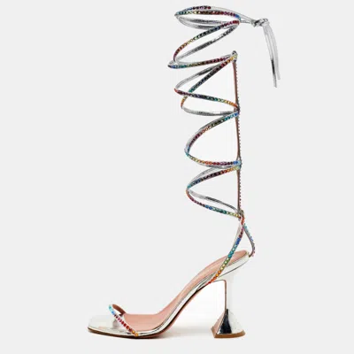 Pre-owned Amina Muaddi X Awge Lsd Size 37 Silver Leather Rainbow Crystal Embellished Gladiator Sandals