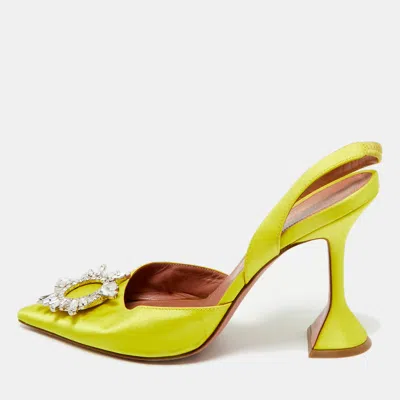 Pre-owned Amina Muaddi Yellow Satin Begum Slingback Pumps Size 40