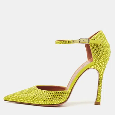 Pre-owned Amina Muaddi Yellow Satin Vittoria 105mm Crystal-embellished Pumps Size 37