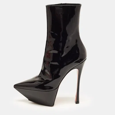 Pre-owned Amina Muaddi Yigit Size 37 Black Patent Leather Pointed Toe Platform Ankle Boots