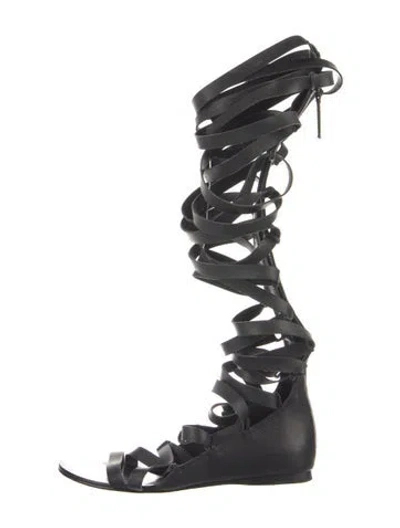 Pre-owned Aminah Abdul Jillil Leather Cutout Accent Gladiator Sandals In Black