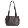 Amine Crinkled Brown Leather Shoulder Bag With Dual Zip Closure In Brown