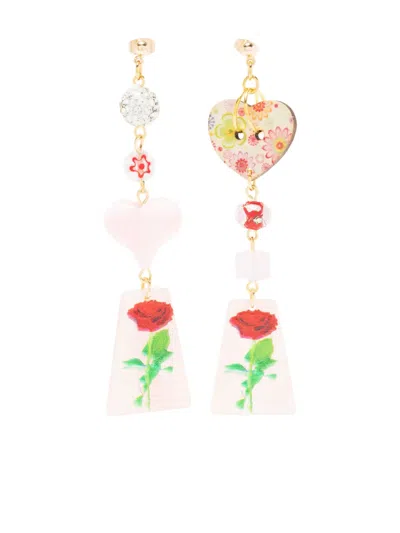 Amir Slama Asymmetric Floral-print Earrings In Pink