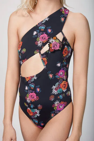 Amir Slama Asymmetrical One Piece In Floral Bouquet In Black