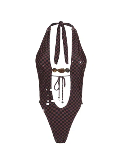 Amir Slama Checked Halter-neck Swimsuit In Brown