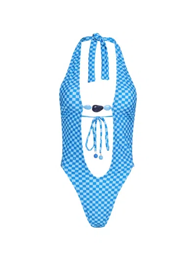 Amir Slama Checked-pattern Swimsuit In Blue