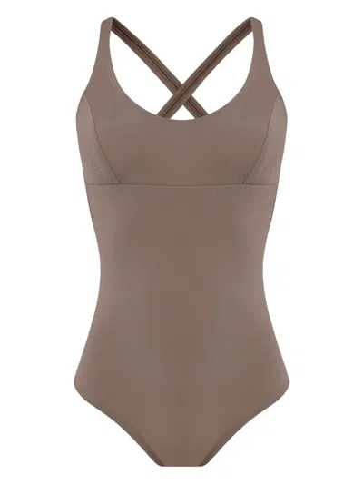 Amir Slama Criss-cross Swimsuit In Brown