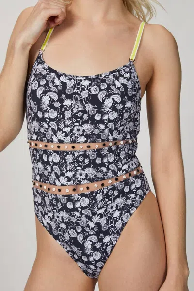 Amir Slama Cutout One-piece Swimsuit In Blue Mini Flowers In Black