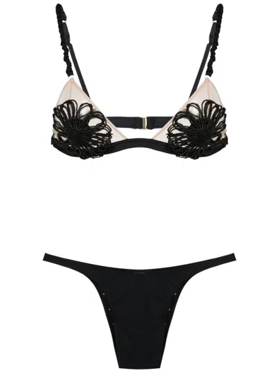 Amir Slama Floral-appliqué Bikini In Schwarz