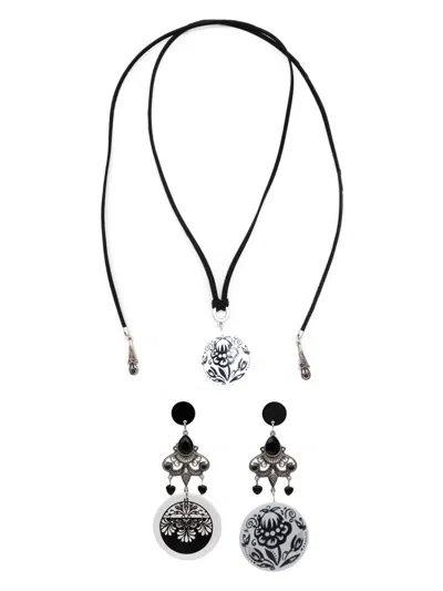 Amir Slama Floral-pendant Necklace Earrings Set In Black