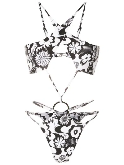 Amir Slama Floral-print Crossover Swimsuit In Multicolour