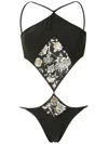 Amir Slama Floral Print Embroidered One-piece In Black