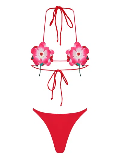 Amir Slama Flower-embellished Triangle Bikini In Red