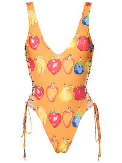 Amir Slama Fruit-print Open-back Swimsuit In Orange